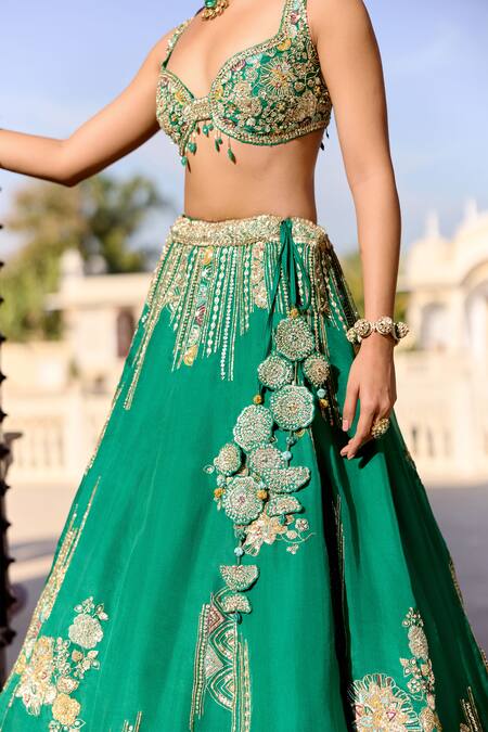 Osaa By Adarsh_Green Organza Embroidery, Zari, Beads, Tassels, Stones, Jewel Lehenga Set _at_Aza_Fashions