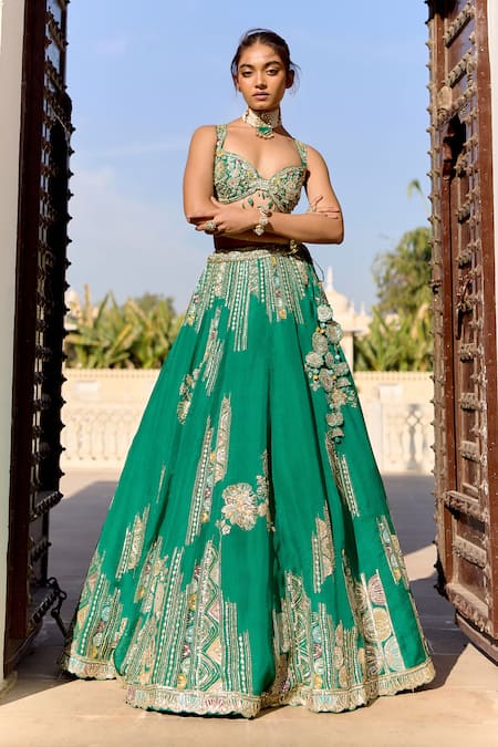 Shop_Osaa By Adarsh_Green Organza Embroidery, Zari, Beads, Tassels, Stones, Jewel Lehenga Set 