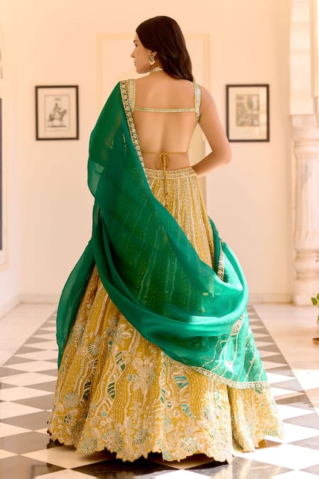 Osaa By Adarsh Canary Yellow Organza Embroidered Lehenga Set 