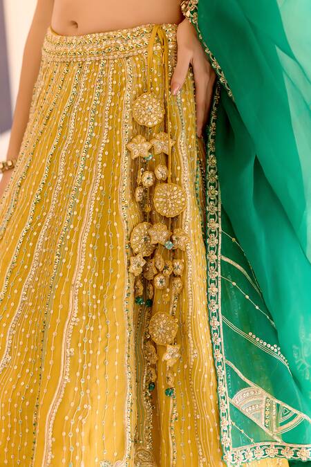 Osaa By Adarsh_Yellow Organza Embroidery, Tassels, Beads, Zari V-neck Canary Lehenga Set _at_Aza_Fashions