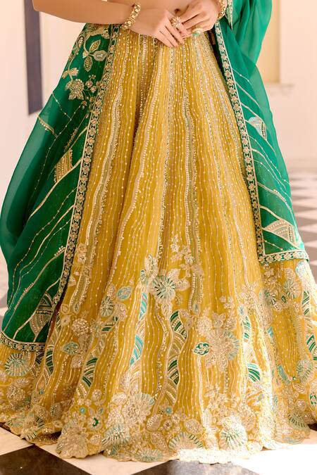 Buy_Osaa By Adarsh_Yellow Organza Embroidery, Tassels, Beads, Zari V-neck Canary Lehenga Set 