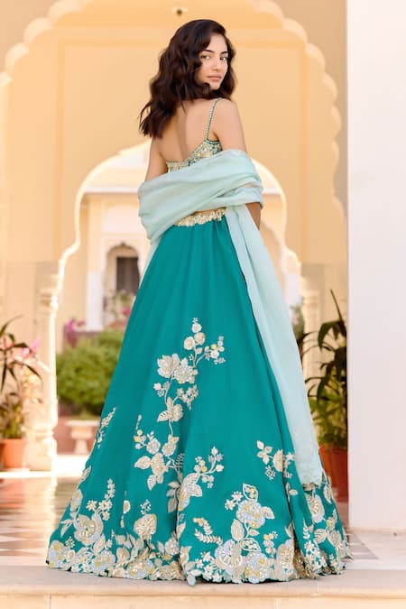 Osaa By Adarsh Pine Green Jaal Embroidered Lehenga Set 