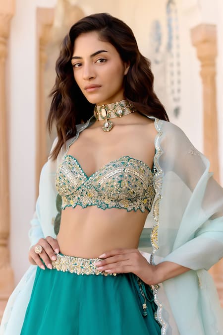 Osaa By Adarsh_Green Organza Embroidery, Sequins, Beads, Zari Pine Jaal Lehenga Set _Online_at_Aza_Fashions