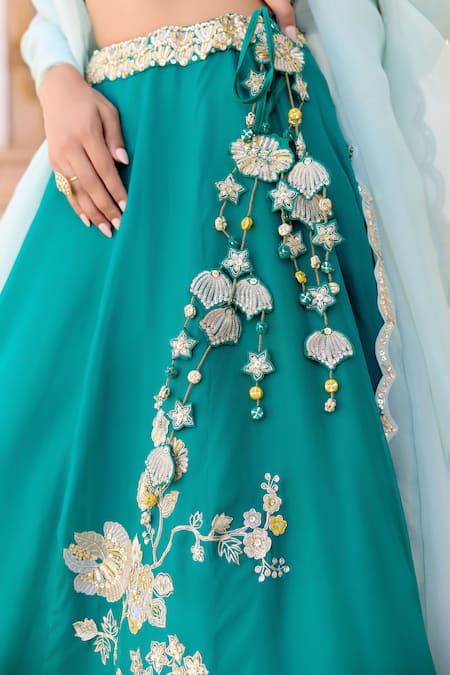 Buy_Osaa By Adarsh_Green Organza Embroidery, Sequins, Beads, Zari Pine Jaal Lehenga Set _Online_at_Aza_Fashions