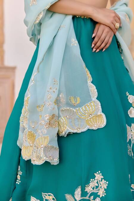 Shop_Osaa By Adarsh_Green Organza Embroidery, Sequins, Beads, Zari Pine Jaal Lehenga Set _Online_at_Aza_Fashions