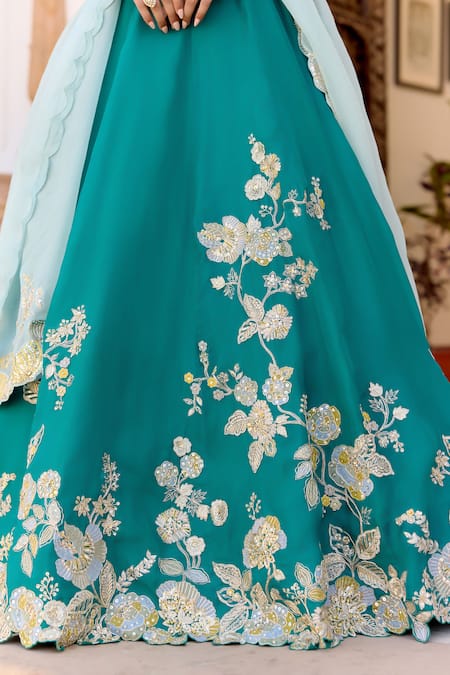 Osaa By Adarsh_Green Organza Embroidery, Sequins, Beads, Zari Pine Jaal Lehenga Set _at_Aza_Fashions