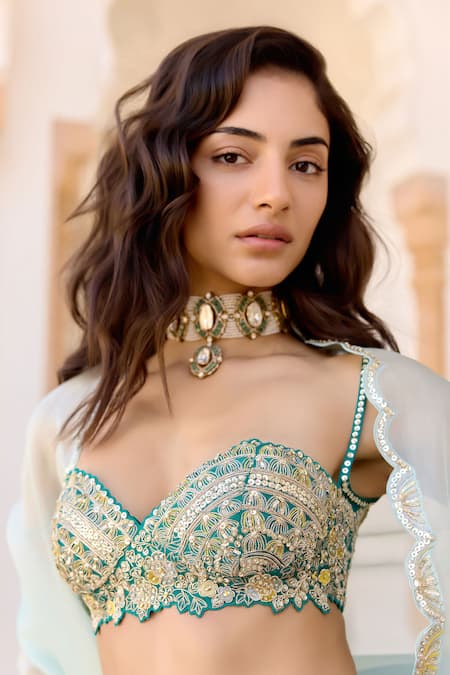 Buy_Osaa By Adarsh_Green Organza Embroidery, Sequins, Beads, Zari Pine Jaal Lehenga Set 