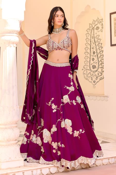 Osaa By Adarsh Purple Satin, Silk Embroidery, Zari, Dark Plum Jaal Placement Lehenga Set 