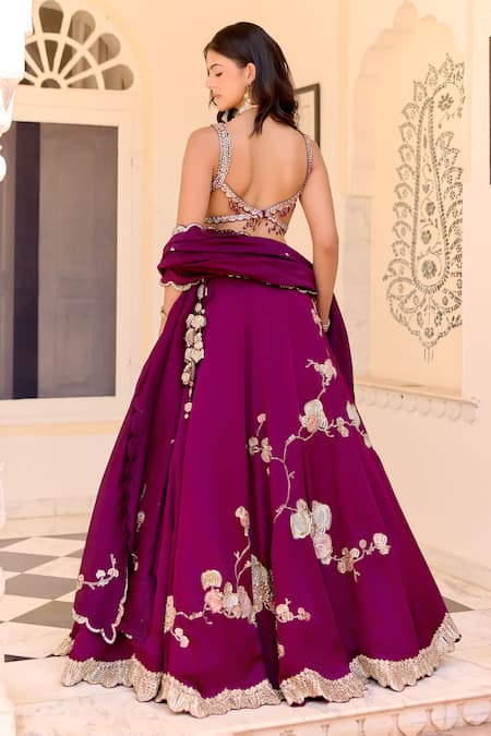 Osaa By Adarsh Dark Plum Jaal Placement Embroidered Lehenga Set 