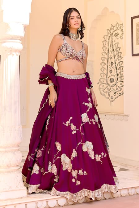 Buy_Osaa By Adarsh_Purple Satin, Silk Embroidery, Zari, Dark Plum Jaal Placement Lehenga Set _Online_at_Aza_Fashions