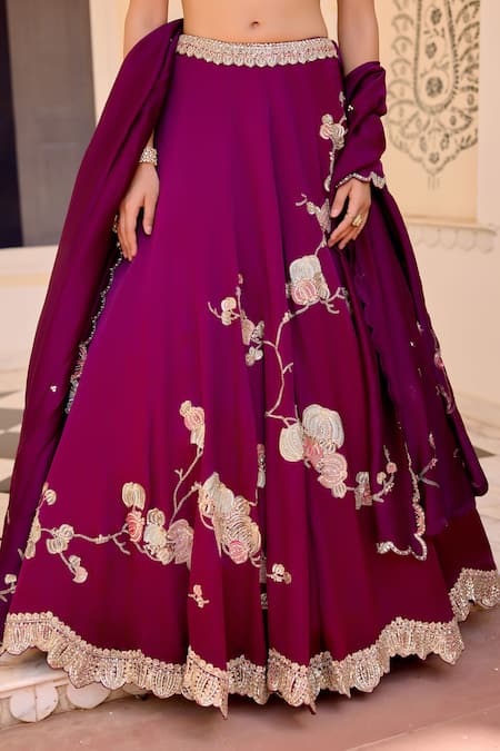 Osaa By Adarsh_Purple Satin, Silk Embroidery, Zari, Dark Plum Jaal Placement Lehenga Set _at_Aza_Fashions