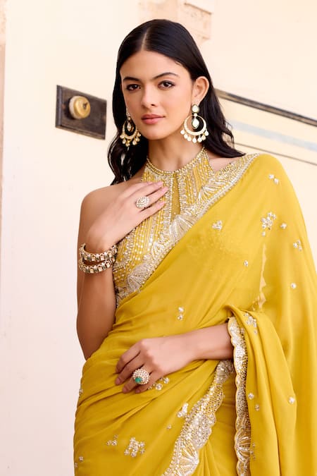 Osaa By Adarsh_Yellow Georgette Embroidery, Zari, Beads Halter Neck Canary Saree With Blouse _Online_at_Aza_Fashions