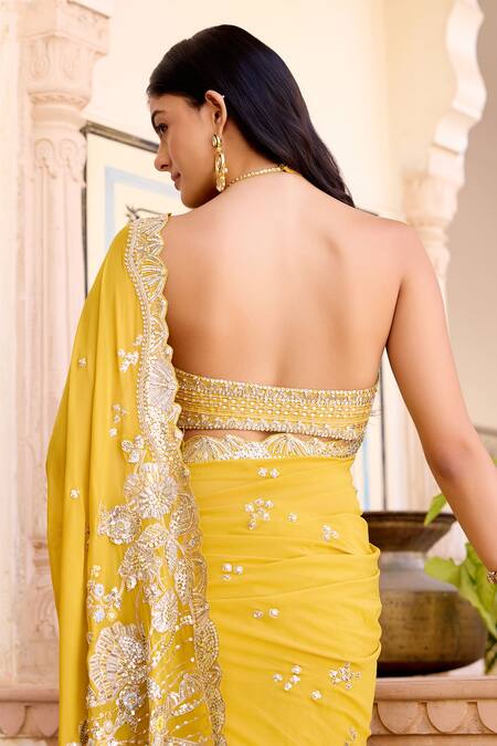 Buy_Osaa By Adarsh_Yellow Georgette Embroidery, Zari, Beads Halter Neck Canary Saree With Blouse _Online_at_Aza_Fashions