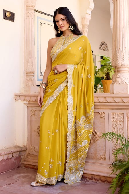Osaa By Adarsh Canary Embroidered Saree With Halter Blouse 