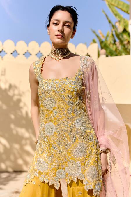 Osaa By Adarsh_Yellow Organza Embroidery, Zari, Sequins Embrodiered Short Kurta Sharara Set _Online_at_Aza_Fashions