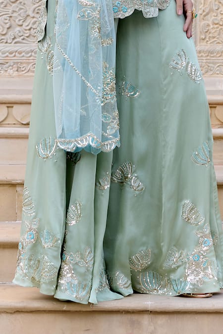 Osaa By Adarsh_Blue Silk Satin Embroidery, Zari Scoop Neck Sage Short Kurta Sharara Set _Online_at_Aza_Fashions
