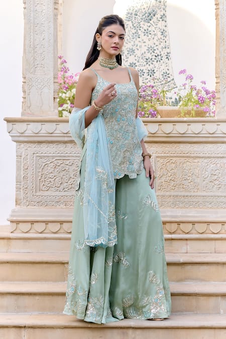 Buy_Osaa By Adarsh_Blue Silk Satin Embroidery, Zari Scoop Neck Sage Short Kurta Sharara Set _Online_at_Aza_Fashions