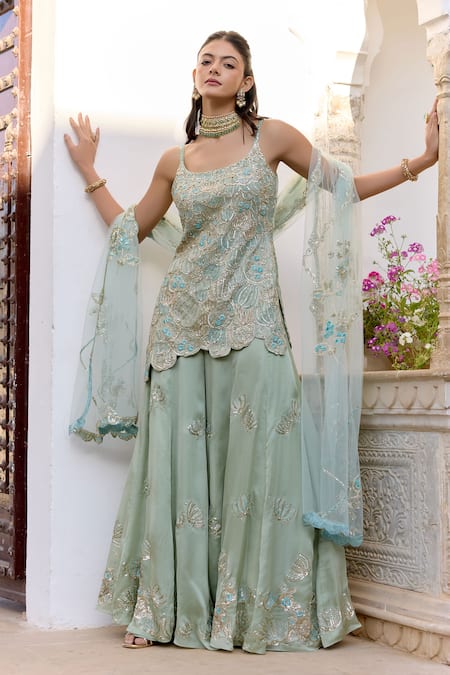 Osaa By Adarsh Blue Silk Satin Embroidery, Zari Scoop Neck Sage Short Kurta Sharara Set 