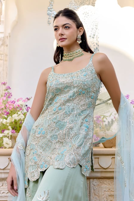 Osaa By Adarsh_Blue Silk Satin Embroidery, Zari Scoop Neck Sage Short Kurta Sharara Set _at_Aza_Fashions