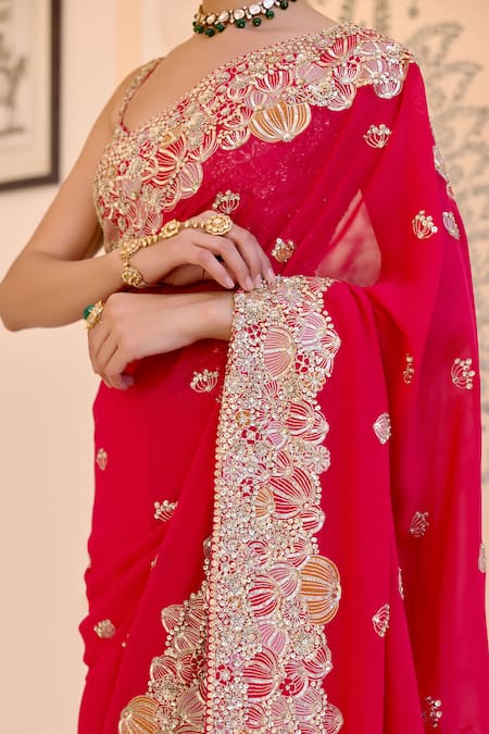 Buy_Osaa By Adarsh_Red Georgette Embroidery, Zari Sweetheart Neck Saree With Blouse _Online_at_Aza_Fashions