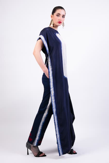 AK-OK Navy Silk Round Neck Shibori Pure Asymmetric Kaftan Online at Aza Fashions AK-OK_Navy Silk Round Neck Shibori Pure Asymmetric Kaftan _Online_at_Aza_Fashions
