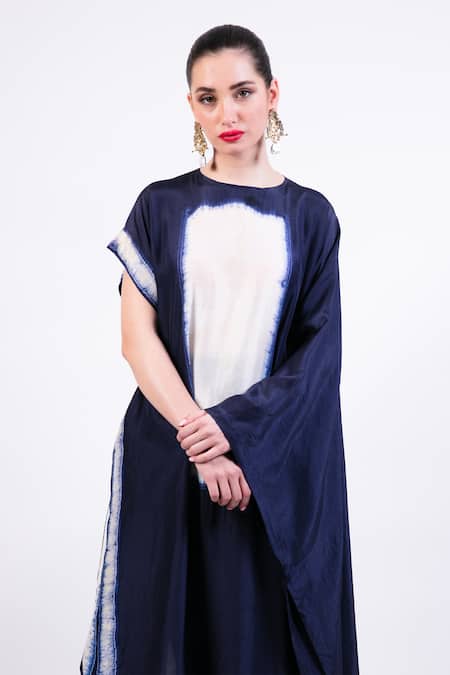 Buy AK-OK Navy Silk Round Neck Shibori Pure Asymmetric Kaftan Online at Aza Fashions Buy_AK-OK_Navy Silk Round Neck Shibori Pure Asymmetric Kaftan _Online_at_Aza_Fashions