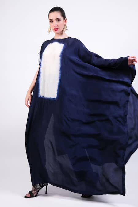 Shop AK-OK Navy Silk Round Neck Shibori Pure Asymmetric Kaftan Online at Aza Fashions Shop_AK-OK_Navy Silk Round Neck Shibori Pure Asymmetric Kaftan _Online_at_Aza_Fashions