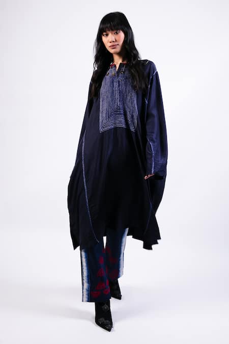 AK-OK_Navy Silk Embroidery Split V-neck Shibori Kurta With Draped Trouser _Online_at_Aza_Fashions