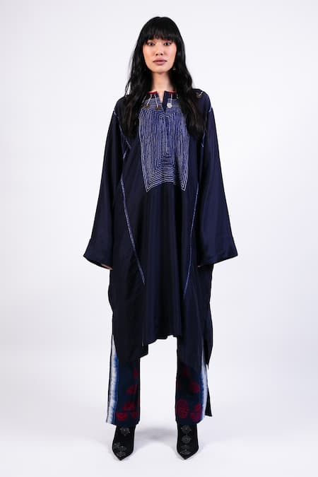 Buy_AK-OK_Navy Silk Embroidery Split V-neck Shibori Kurta With Draped Trouser _Online_at_Aza_Fashions