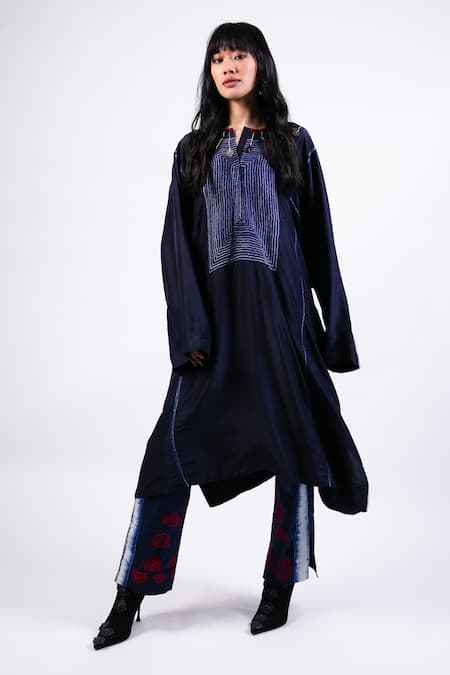 AK-OK Navy Silk Embroidery Split V-neck Shibori Kurta With Draped Trouser