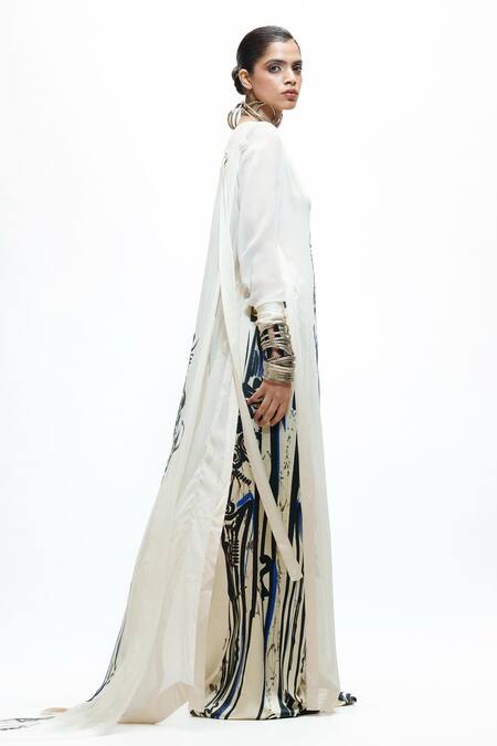 AK-OK_Ivory Silk V-neck Abstract Print Long Kurta And Flared Trouser Set _Online_at_Aza_Fashions