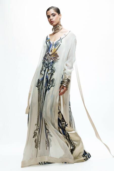 Buy_AK-OK_Ivory Silk V-neck Abstract Print Long Kurta And Flared Trouser Set _Online_at_Aza_Fashions