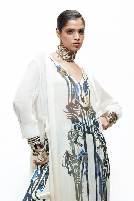 AK-OK_Ivory Silk V-neck Abstract Print Long Kurta And Flared Trouser Set _at_Aza_Fashions