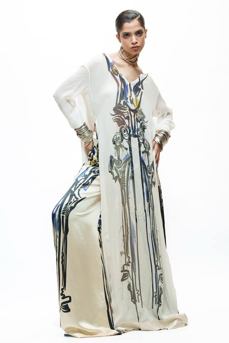Buy_AK-OK_Ivory Silk V-neck Abstract Print Long Kurta And Flared Trouser Set 