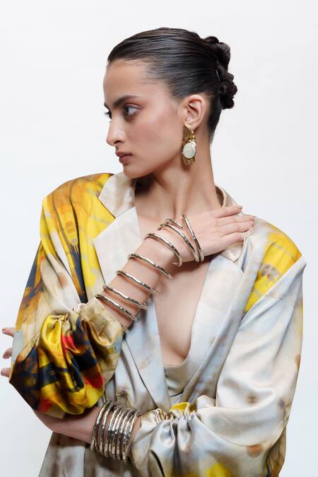 AK-OK Ivory Silk Cowl Neck Printed Oversised Blazer And Knotted Skirt Set Online at Aza Fashions AK-OK_Ivory Silk Cowl Neck Printed Oversised Blazer And Knotted Skirt Set _Online_at_Aza_Fashions