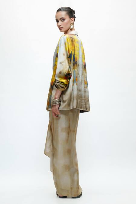 Buy AK-OK Ivory Silk Cowl Neck Printed Oversised Blazer And Knotted Skirt Set Online at Aza Fashions Buy_AK-OK_Ivory Silk Cowl Neck Printed Oversised Blazer And Knotted Skirt Set _Online_at_Aza_Fashions