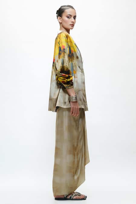 Shop AK-OK Ivory Silk Cowl Neck Printed Oversised Blazer And Knotted Skirt Set Online at Aza Fashions Shop_AK-OK_Ivory Silk Cowl Neck Printed Oversised Blazer And Knotted Skirt Set _Online_at_Aza_Fashions