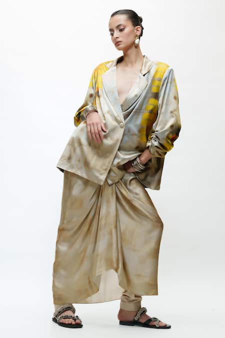 AK-OK Ivory Silk Cowl Neck Printed Oversised Blazer And Knotted Skirt Set 