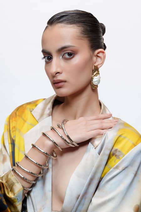 AK-OK Ivory Silk Cowl Neck Printed Oversised Blazer And Knotted Skirt Set at Aza Fashions AK-OK_Ivory Silk Cowl Neck Printed Oversised Blazer And Knotted Skirt Set _at_Aza_Fashions