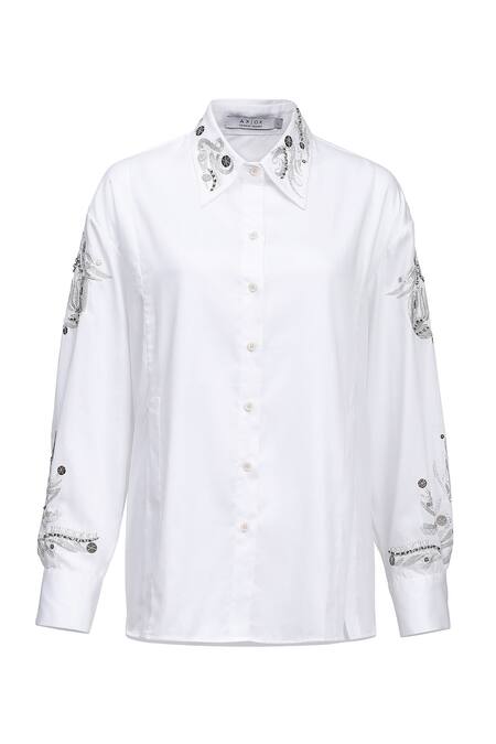 AK-OK White Cotton Embroidery, Metallic Thread Collared Silver Shirt Online at Aza Fashions AK-OK_White Cotton Embroidery, Metallic Thread Collared Silver Shirt _Online_at_Aza_Fashions
