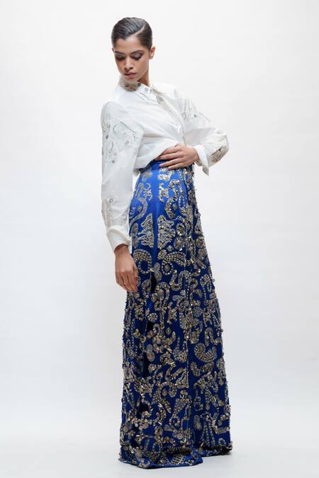 Shop AK-OK White Cotton Embroidery, Metallic Thread Collared Silver Shirt Online at Aza Fashions Shop_AK-OK_White Cotton Embroidery, Metallic Thread Collared Silver Shirt _Online_at_Aza_Fashions