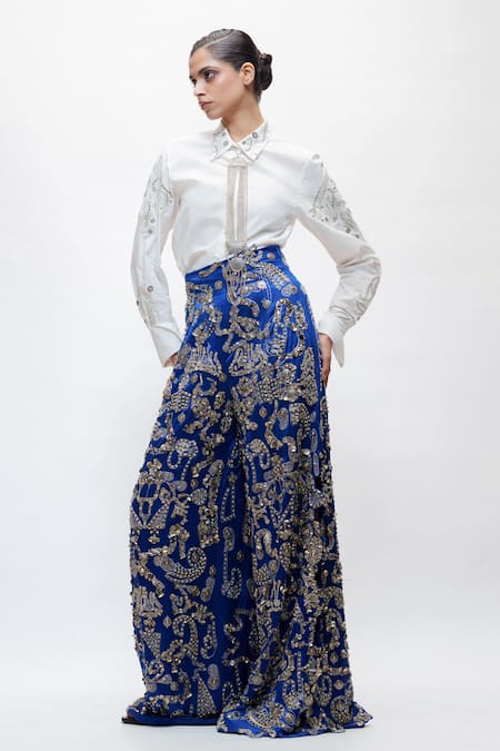 AK-OK White Cotton Embroidery, Metallic Thread Collared Silver Shirt 