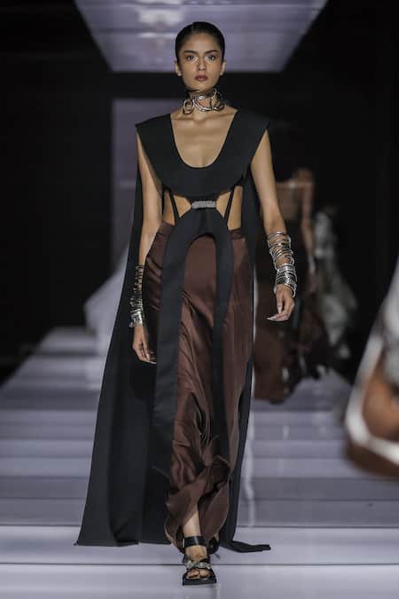 AK-OK Black Silk, Cotton Open Neck, Scoop U-shaped Top And Low Crotch Mocha Pant Set 