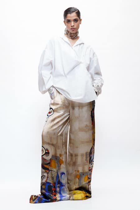 AK-OK Cream Silk Printed Wide Leg Trouser 