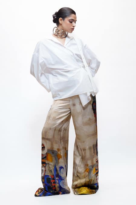 Buy_AK-OK_Cream Silk Printed Wide Leg Trouser _Online_at_Aza_Fashions