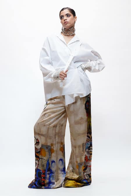 Shop_AK-OK_Cream Silk Printed Wide Leg Trouser _Online_at_Aza_Fashions
