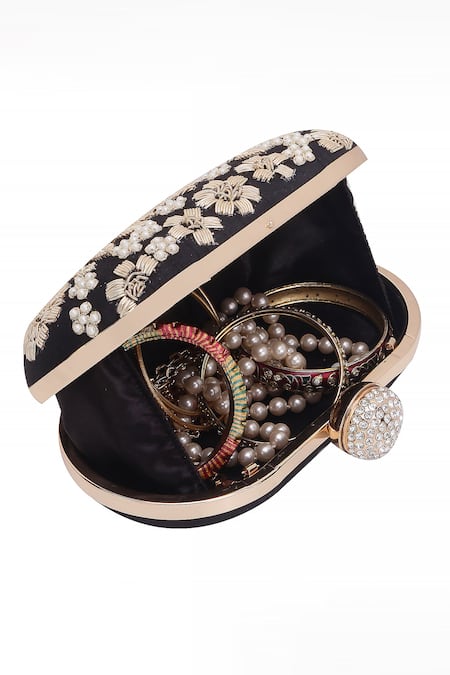 Nazaakat By Samara Singh Black Embroidery, Pearls, Rhinestones Floral Clutch With Sling Online at Aza Fashions Nazaakat By Samara Singh_Black Embroidery, Pearls, Rhinestones Floral Clutch With Sling _Online_at_Aza_Fashions