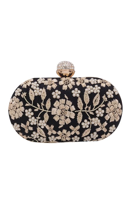 Shop Nazaakat By Samara Singh Black Embroidery, Pearls, Rhinestones Floral Clutch With Sling Online at Aza Fashions Shop_Nazaakat By Samara Singh_Black Embroidery, Pearls, Rhinestones Floral Clutch With Sling _Online_at_Aza_Fashions
