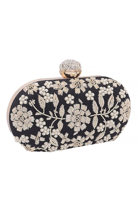 Nazaakat By Samara Singh Black Embroidery, Pearls, Rhinestones Floral Clutch With Sling at Aza Fashions Nazaakat By Samara Singh_Black Embroidery, Pearls, Rhinestones Floral Clutch With Sling _at_Aza_Fashions