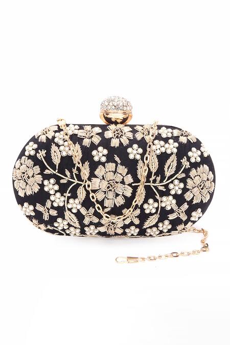 Buy Nazaakat By Samara Singh Black Embroidery, Pearls, Rhinestones Floral Clutch With Sling Buy_Nazaakat By Samara Singh_Black Embroidery, Pearls, Rhinestones Floral Clutch With Sling